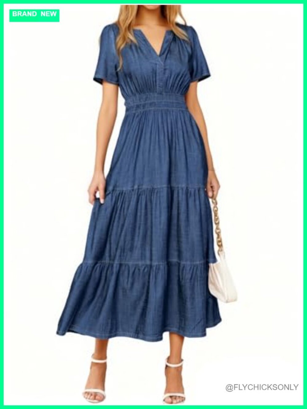 Simplee Womens Denim Maxi Dress Short Sleeve V Neck Smocked Waist Flowy
